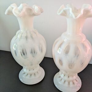 Two Elegant White French Coindot Opalescent Glass Vases
